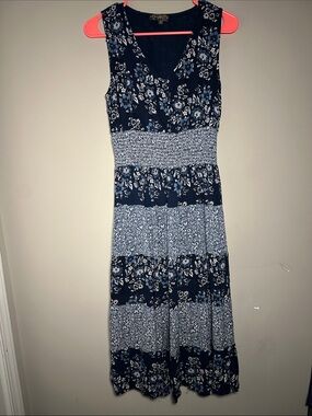 J Gee Sleeveless Navy Blue Floral Madi Dress with Smocked Waist